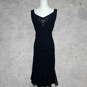 Gorg Vintage Black Midi Dress with Ruffle Hem, Embroidered & Beaded Detail- L/14
